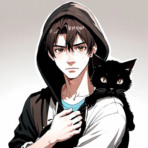 Prompt: a 18-year-old man holding cat in arms, dark brown hair to the side of face, black hood, well draw face, anime style, 2d art.