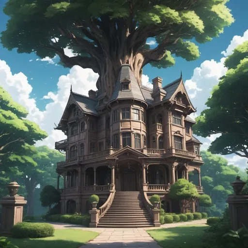 Prompt: A mansion in tall thick tree, detailed, realistic, anime style, 