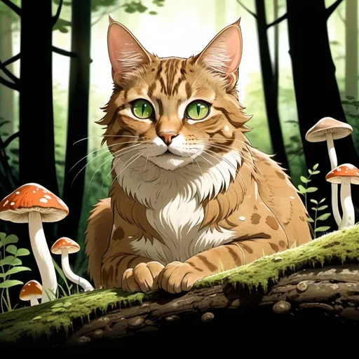 Prompt: Anime illustration of a brown-green cat, detailed dirt-colored eyes, lush forest setting, mushrooms growing on the cat's back, detailed fur with earthy textures, serene and peaceful atmosphere, highres, ultra-detailed, anime, nature, earthy tones, detailed eyes, lush scenery, serene lighting