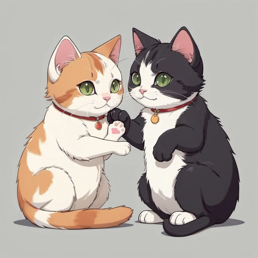 Prompt: Cat holding paw with another cat, anime style, 2d art