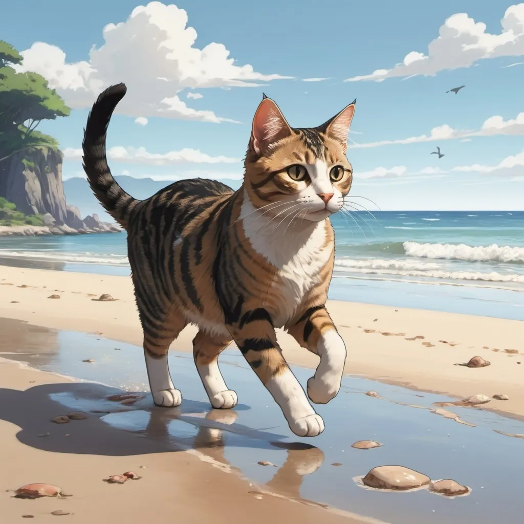 Prompt: Cat trotting across beach near water, 2d art, anime style, detailed.