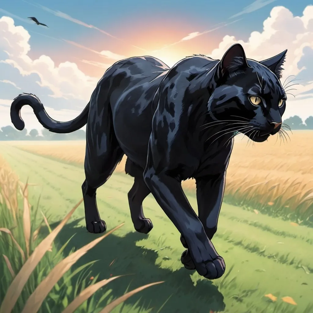 Prompt: black cat trotting across a field with panther fading into the sky anime style, 2d 