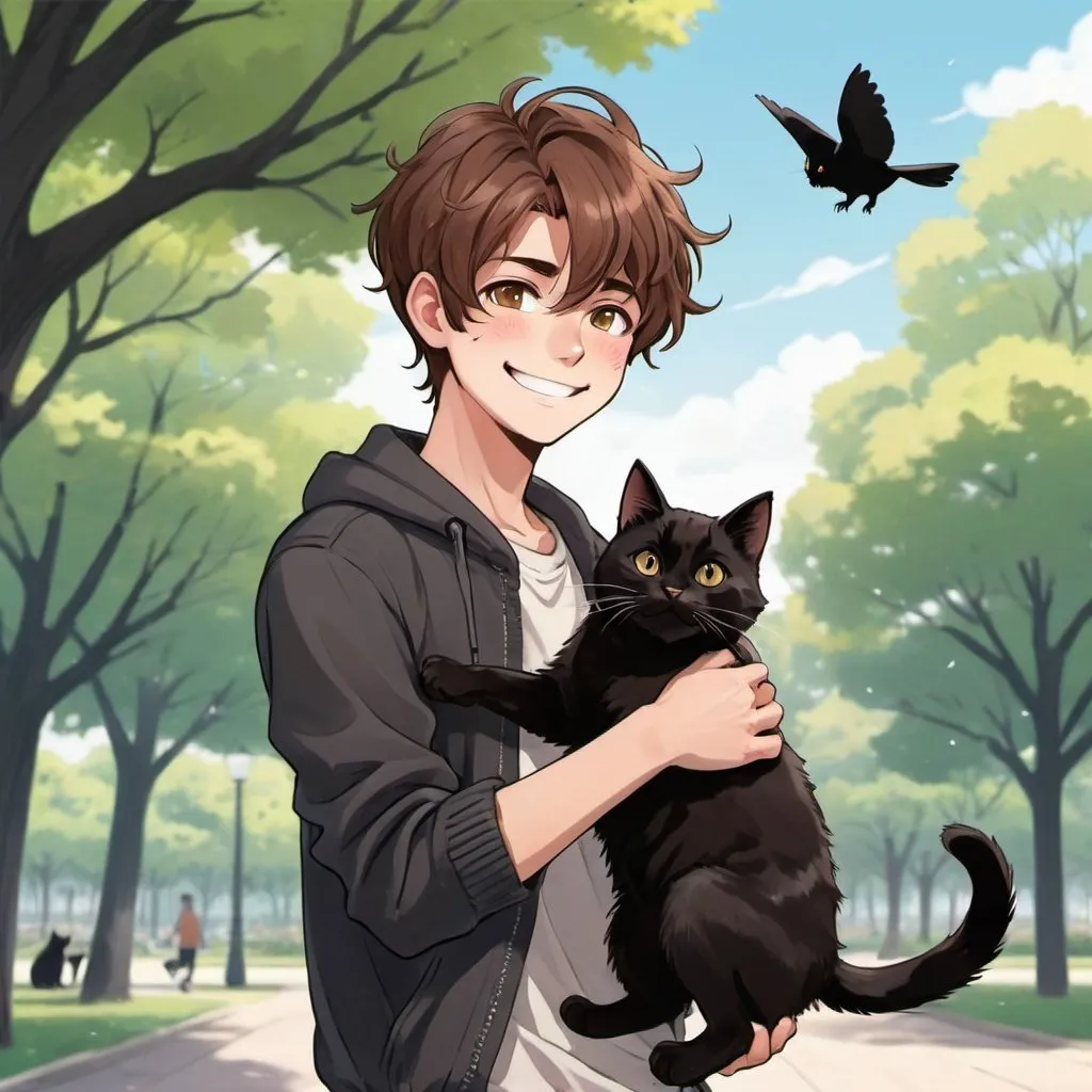 Prompt: Teenage boy with brown hair that is styled to the side with clean cut, smiling, holding black cat in air, anime style, 2d art, high quality, detailed, professional, background, park