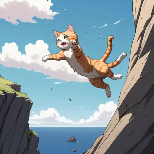 Prompt: Cat doing a backflip off a cliff, anime style, 2d art, full body, 