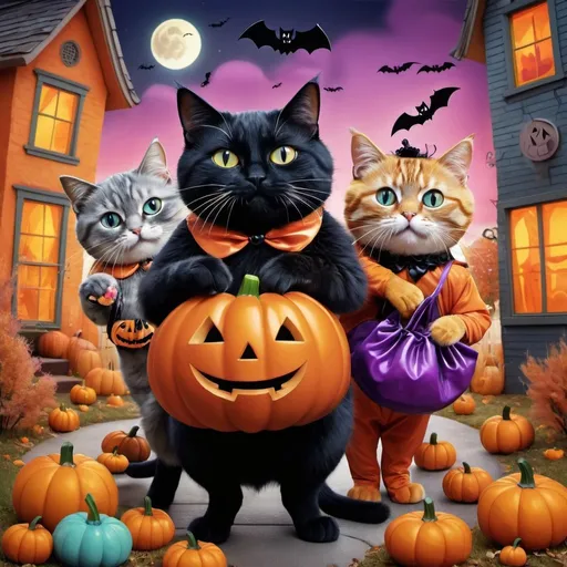 Prompt: Surrealism illustration of three cats in Halloween costumes, surrounded by cats, vibrant and dreamlike colors, whimsical surreal style, detailed fur and costumes, playful and mischievous expression, candy-filled bags, whimsical neighborhood setting, best quality, highres, surrealism, Halloween, vibrant colors, dreamlike, detailed costumes, whimsical atmosphere, playful expression