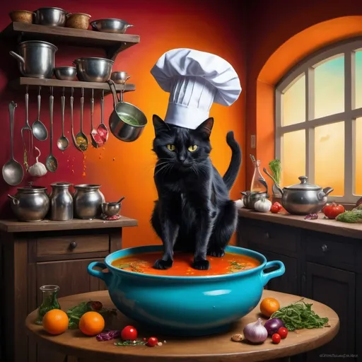 Prompt: Surrealism artwork of a black cat with a chef hat, standing on a stool, pouring ingredients into a surreal soup, high quality, detailed surrealism, vibrant colors, whimsical style, exaggerated proportions, dreamlike setting, surreal cat, chef hat, pouring, stool, vibrant surreal colors, whimsical, dreamlike, detailed fur, professional art, surreal lighting