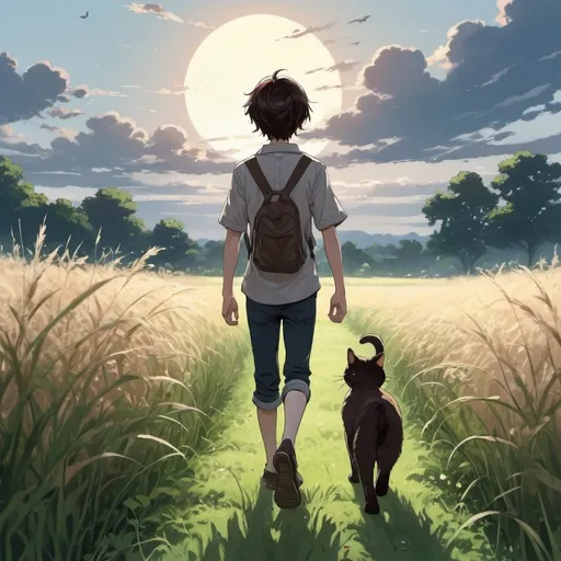 Prompt: boy, with dark-brown hair, walking through a field of grass with cat walking behind him, full body, anime art style, 2d art, 