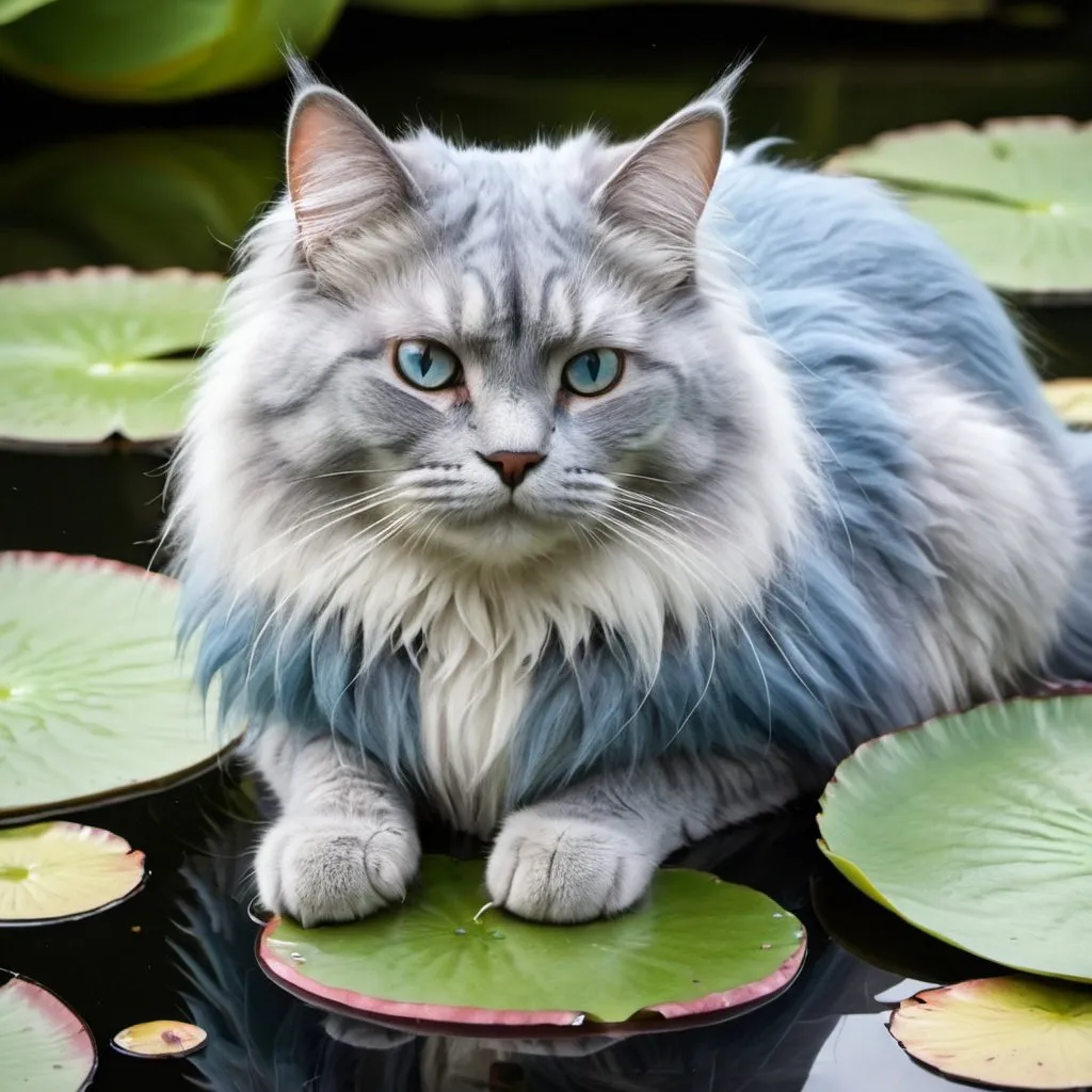 Prompt: a cat with long, fluffy blue fur, in a pond on a lily pad with long whiskers