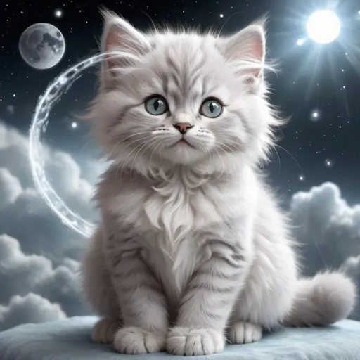 Prompt: Cute, very, very, light gray, fluffy, fantasy light kitten, with cloudy, white eyes, very, light, light, gray fur, and possessing the element of air and making circles of clouds and air move around in the air in a magical way, in a space background. Perfect features, extremely detailed, realistic.