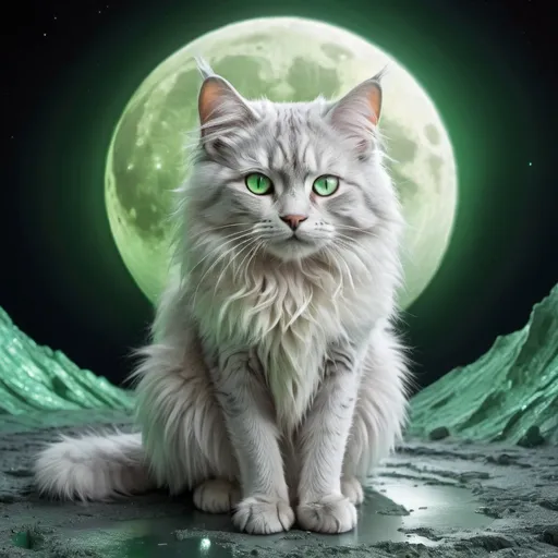 Prompt: Surreal silver-furred moon cat in a crater, luminescent surrealism, detailed fur with silver reflections, vibrant green eyes, otherworldly atmosphere, moonlight casting ethereal glow, high quality, surrealism, silver fur, vibrant green eyes, ethereal lighting, detailed fur, moon crater, surreal atmosphere