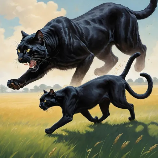 Prompt: black cat trotting across a field with panther fading into the sky 