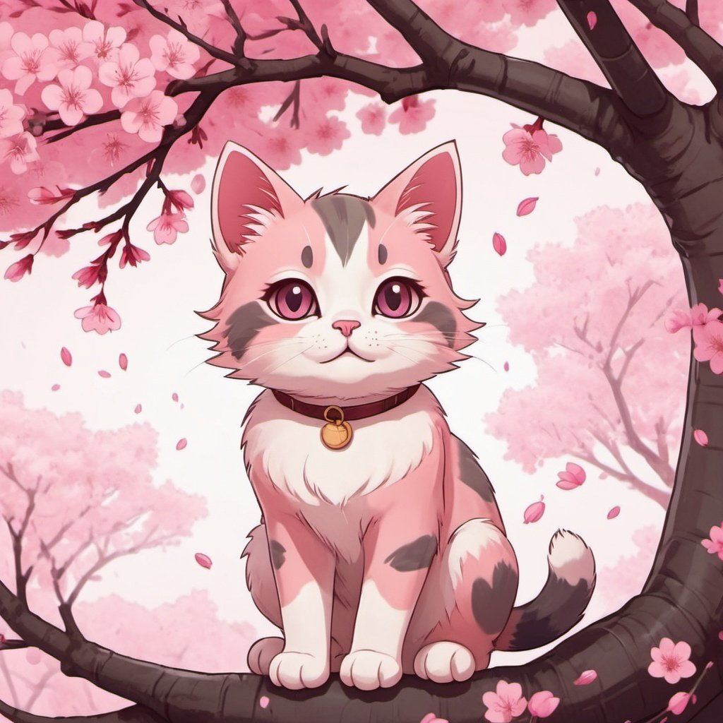 Cute anime cat under a pink blossom tree, 2d style