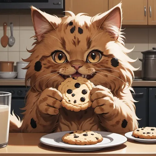 Prompt: Big, fluffy brown cat with black spots, holding cookie with bite out of it, anime, 2d art, background a 2000's kitchen.