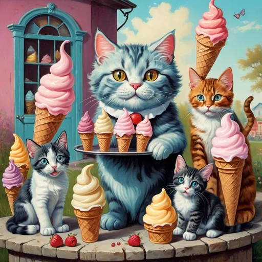 Prompt: Surrealism illustration of an old cat selling ice cream cones to playful kittens, vibrant and dreamlike, vintage oil painting, whimsical details, vivid colors, intricate textures, charming and nostalgic, detailed feline features, surreal, dreamy, vintage, playful kittens, old cat, vibrant colors, whimsical, intricate textures, surrealism, charming, detailed, nostalgic, park setting, dreamlike, ice cream cones