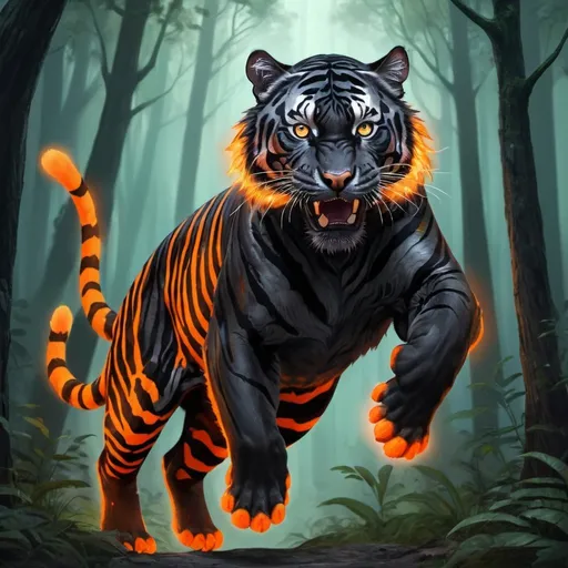 Prompt: a black tiger with glowing orange stripes in a forest jumping up