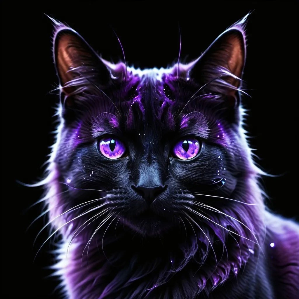 Prompt: Surrealism dark purple cat, space for eyes, black void background, surreal, detailed fur, mysterious, highres, surrealism, dark tones, intense gaze, atmospheric lighting, detailed eyes, dreamlike, professional