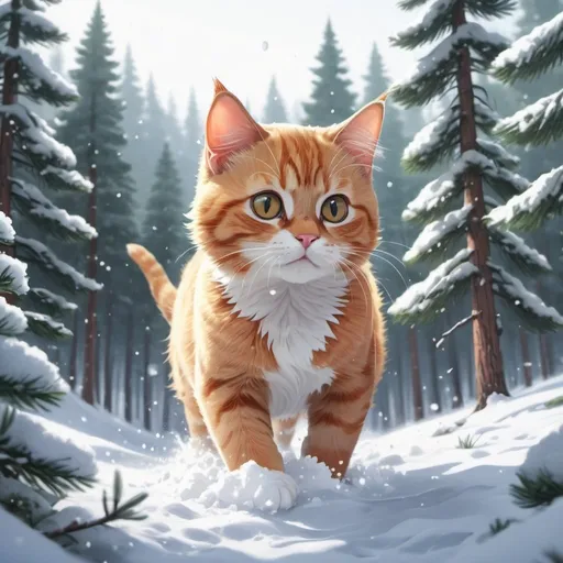 Prompt: A cat playing in snow, background is snowy pine forest, 2d art, anime style, detailed, well draw, realistic.