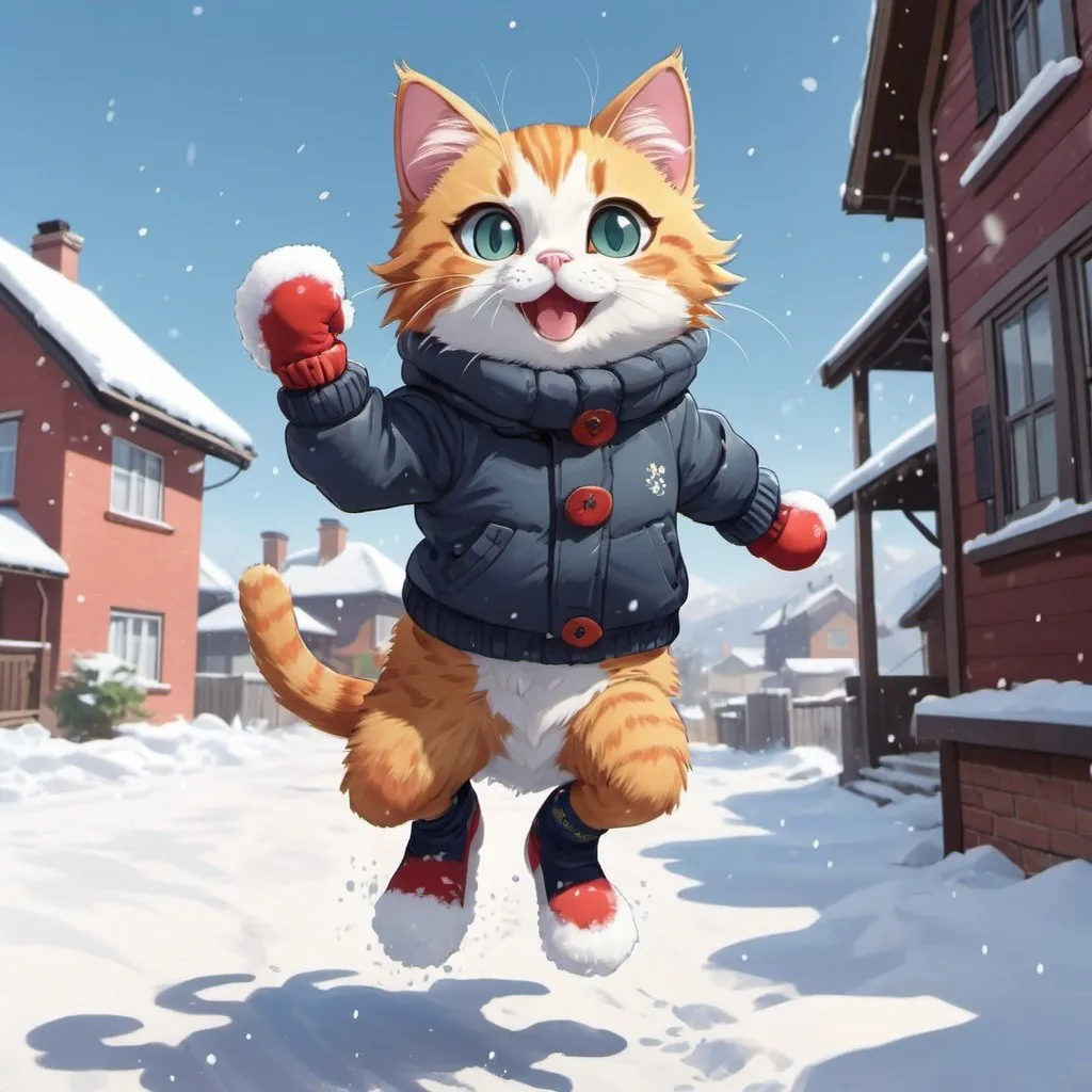 Prompt: A cat with mittens on jumping in snow, full body, anime style, 2d art, detailed, background is house, 