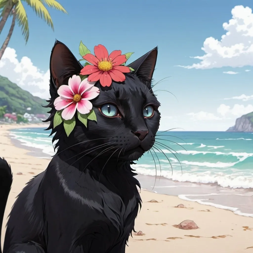 Prompt: Black cat on beach, a flower on head, ocean in background, anime style, 2d art, detailed.