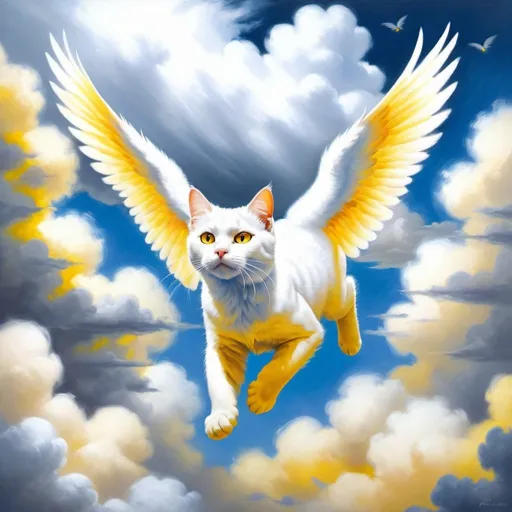 Prompt: Realistic painting of a white winged cat soaring through fluffy clouds, vibrant yellow eyes, photorealism, flying, angelic, high definition, detailed fur, ethereal atmosphere, cloudy skies, realistic wings, photorealistic, white fur, vibrant yellow eyes, flying through clouds, high quality, realistic style, photorealistic painting, angelic cat, detailed painting, fluffy clouds, realistic wings, ethereal atmosphere