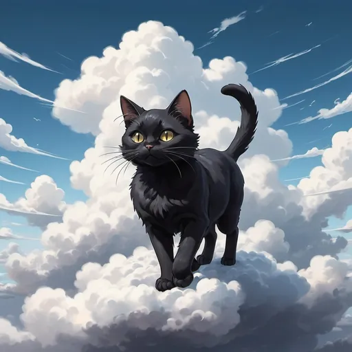 Prompt: Black cat walking on cloud in sky, background is clouds, anime style, 2d art, detailed. 