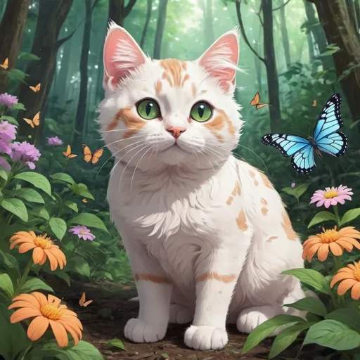 Prompt: Cute cat in lush forest, flowers on ground, butterfly on cat's nose, 2d art, anime style, detailed.