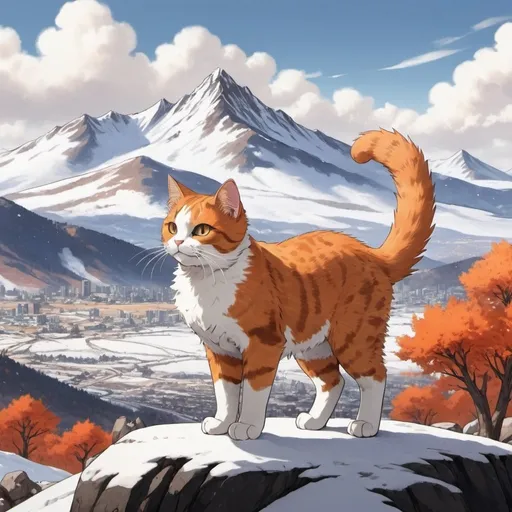 Prompt: a cat standing on top of a hill, on right side is a fiery waste land, on left is a snowy mountain scape, detailed, realistic, 2d, anime style, well draw fur.