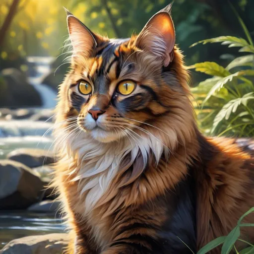 Prompt: warrior cat with {dark tortoiseshell fur} and bright {yellow eyes}, small young beautiful she-cat, epic anime portrait, beautiful 8k eyes, fine oil painting, serene, gazing at viewer, wearing shiny bracelet, lush fantasy forest, surrounded by herbs, 64k, hyper detailed, expressive, intelligent, small, smooth silky fur, thick silky mane, glistening golden fur, golden ratio, precise, perfect proportions, vibrant, sitting by a sun-bathed river, hyper detailed, dynamic, complementary colors, UHD, HDR, top quality artwork, beautiful detailed background, unreal 5, artstaion, deviantart, instagram, professional, masterpiece