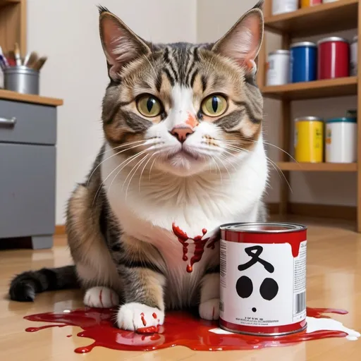 Prompt: cat sitting next to spilled paint can, with face of disgust, paint on cat's face, detailed, anime style, high quality,