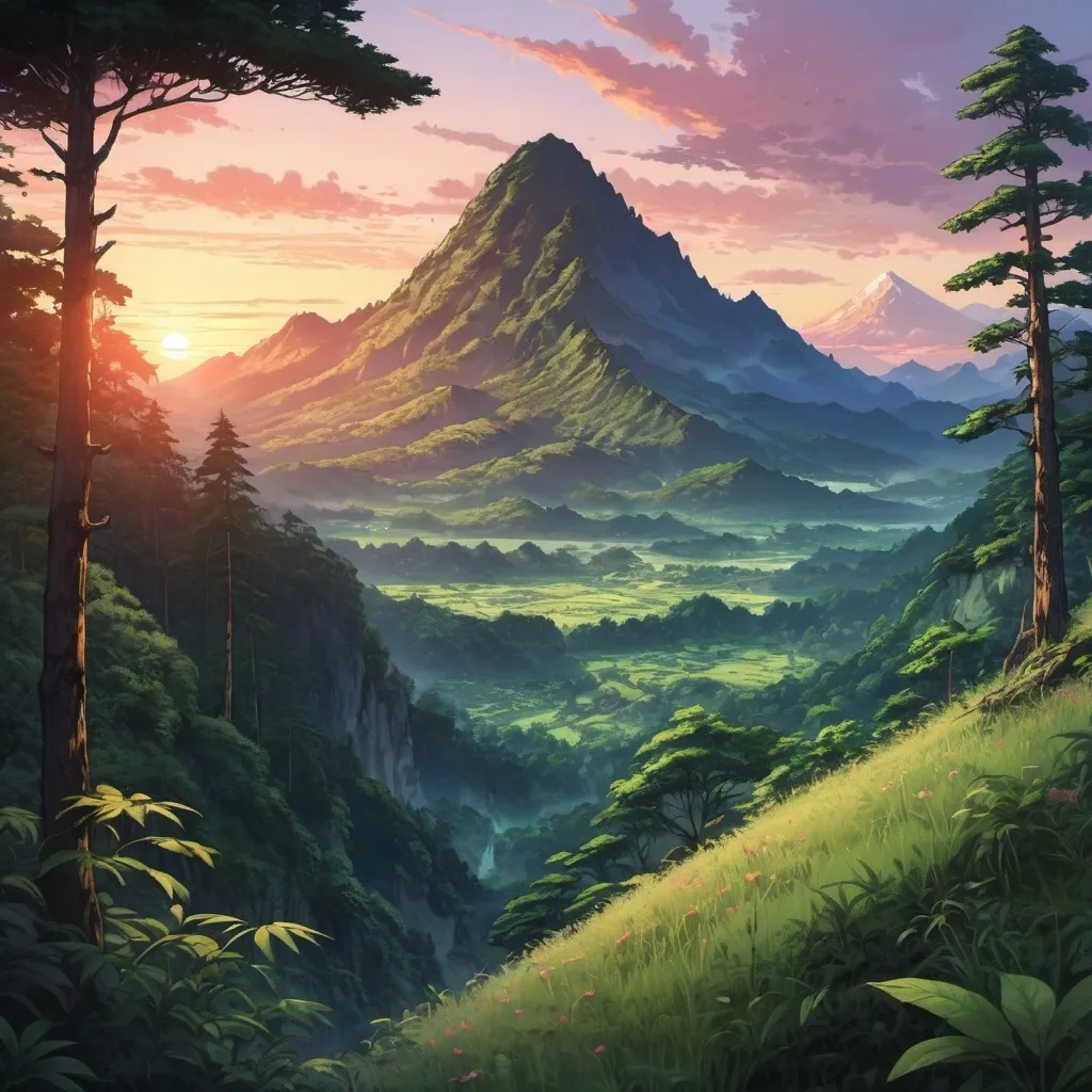 Prompt: Stunning image of a beautiful mountain in distance with large, lush forest in front, sunset, anime style, detailed.