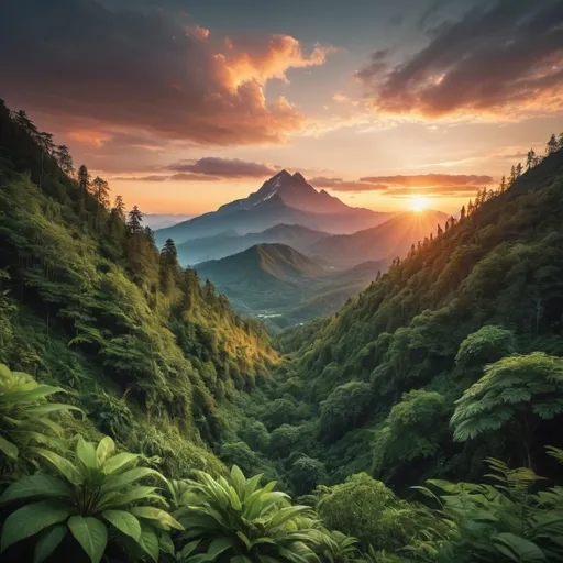 Prompt: Stunning image of a beautiful mountain in distance with large lush forest in front, sunset 