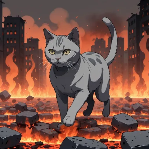 Prompt: A gray, cat walking on hot coals, ashes are floating through the air, background is a burnt city, full body, 2d art, anime style.