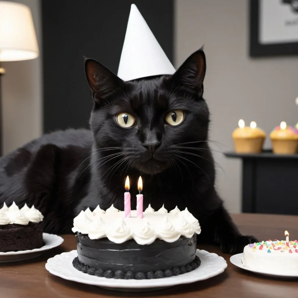 Prompt: a anime black cat with a white party hat with cake on his mouth a 
black birthday cake is in front of the black cat