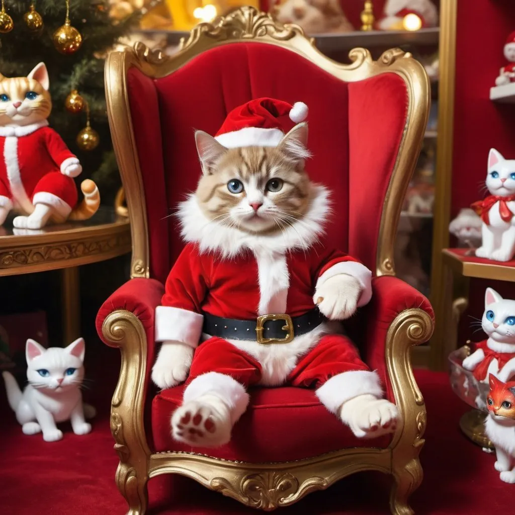 Prompt: Surrealism interpretation of a festive cat in Santa costume, surreal art, whimsical toy store setting, gold and red chair, kitten on lap, detailed fur with dreamy reflections, mesmerizing eyes, high-quality, surrealism, festive, detailed costume, toy store, whimsical, dreamy lighting, surreal colors, festive atmosphere