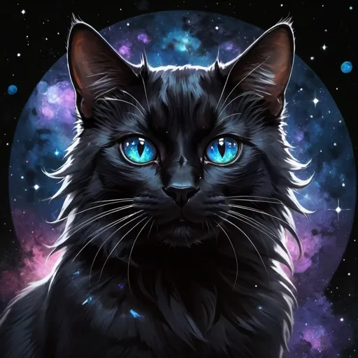 Prompt: Black cat with outer space reflection in eyes, background is black, 2d art, anime style, dtaield, well draw fur.