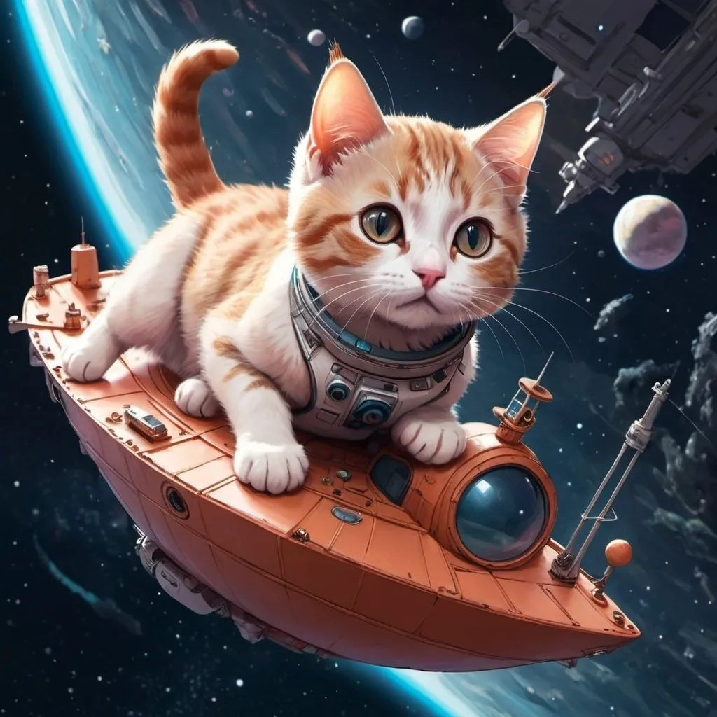 Prompt: A cat in outer space floating outside ship, anime style, 2d art, detailed.