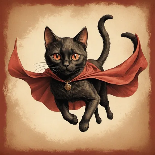 Prompt: Vintage illustration of a flying black cat with a red cape, warm sepia tones, retro style, detailed fur with classic shading, determined and graceful pose, textured paper effect, antique art, old-fashioned, vintage, detailed eyes, classic design, professional, warm lighting, artistic, high quality, detailed