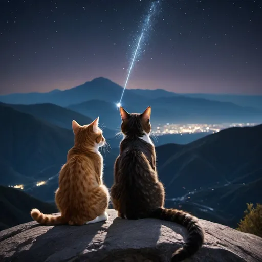 Prompt: Two cats sitting on top of mountain during nighttime, shooting star in sky, 