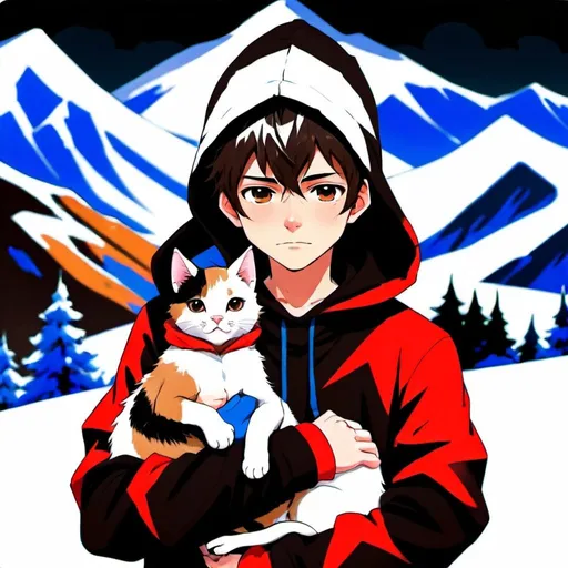 Prompt: a boy holding cat in arms, dark brown hair to the side of face, black hood, well draw face, anime style, 2d art, background snowy mountain range