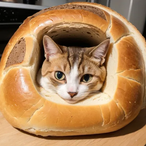 Prompt: cat inside loaf of bread