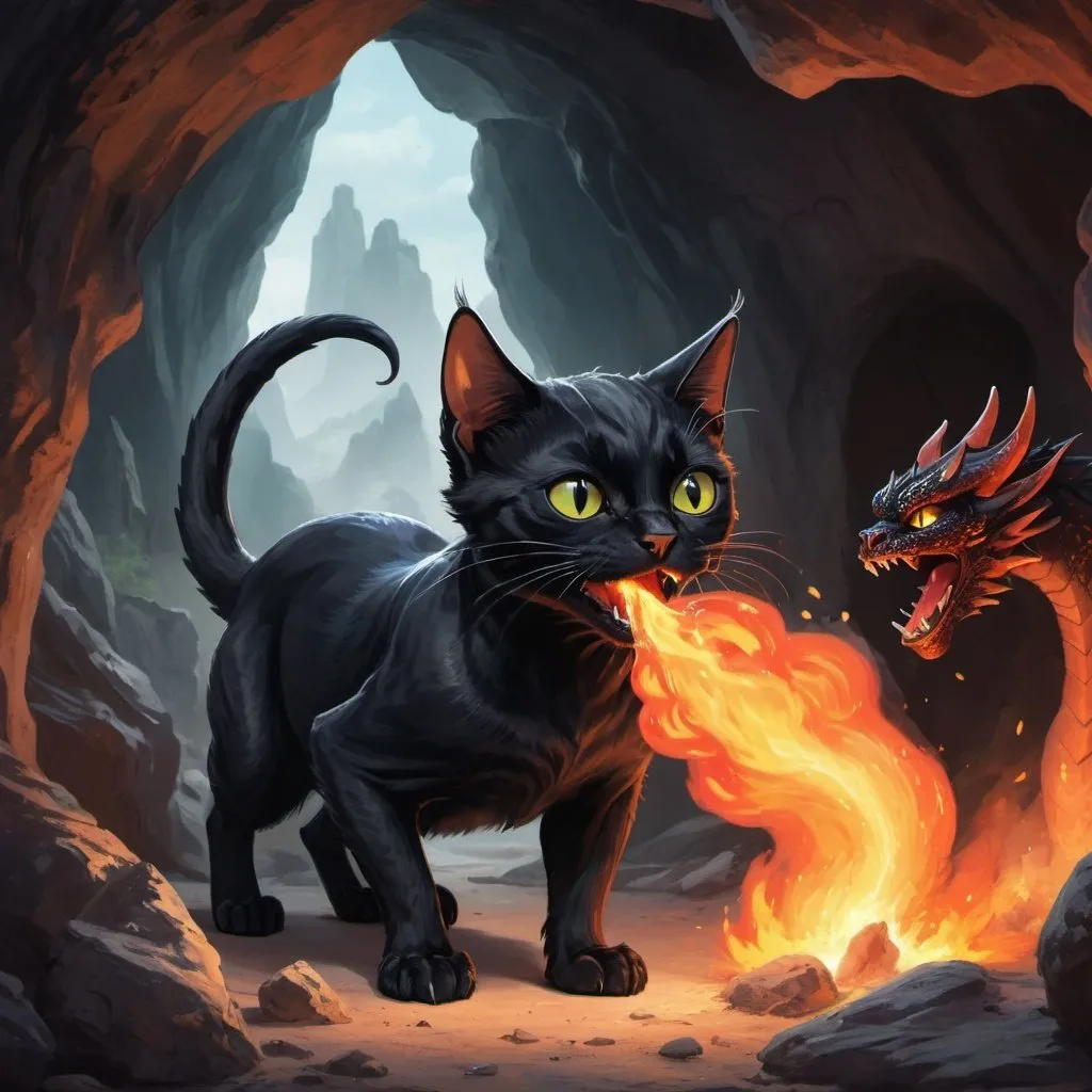 Prompt: a black cat trying to escape a cave with a dragon behind cat, dragon breathing fire at cat