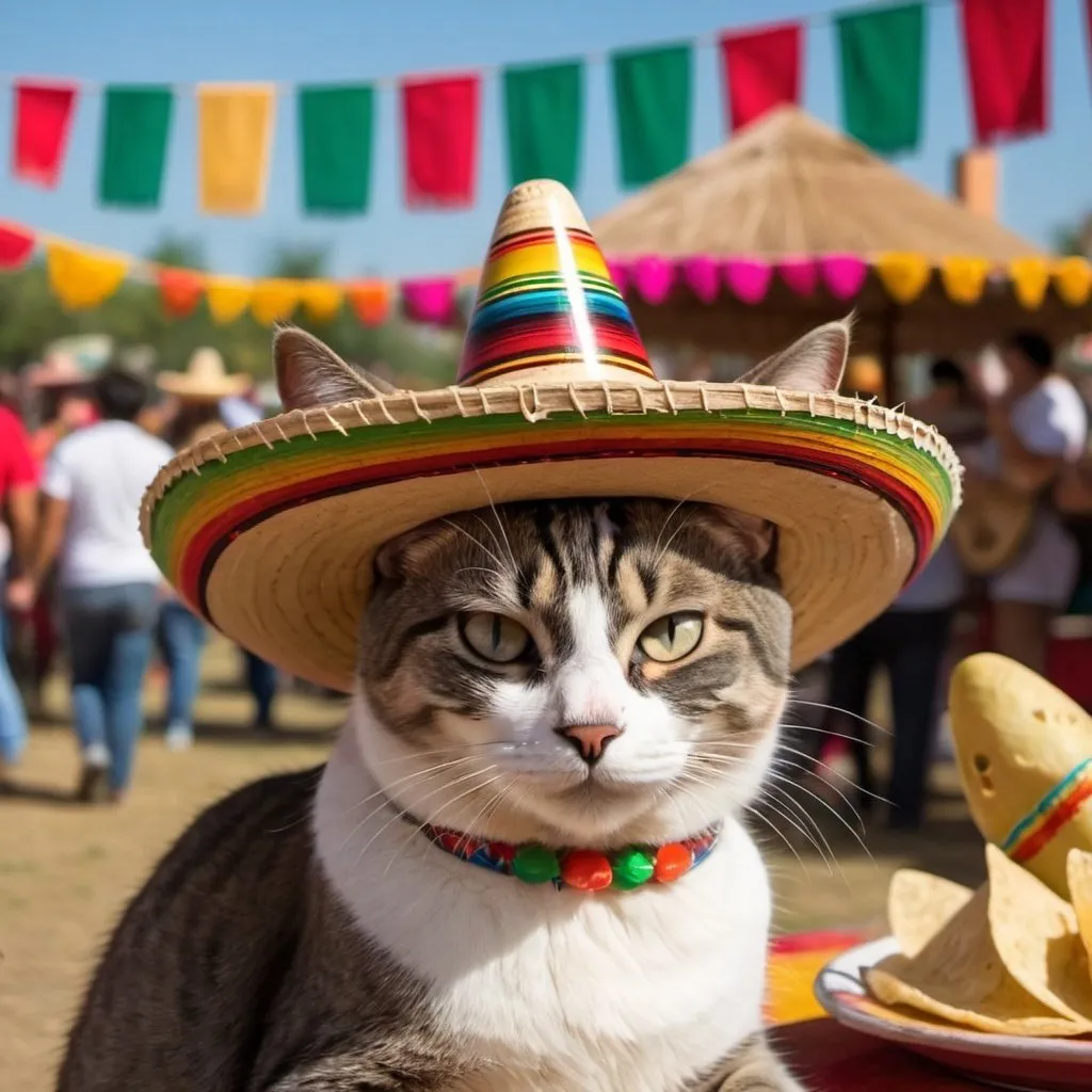 Prompt: Cat with a sombrero on head, maraca in paw, with taco in other, behind a Mexican festival. 