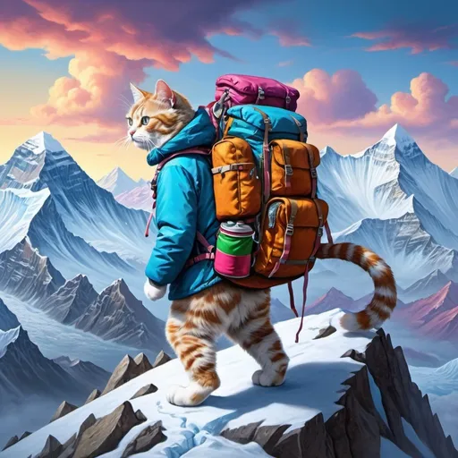 Prompt: Surrealism, cat climbing Mount Everest, multiple layers of coats and supplies, big backpack, high quality, surreal, detailed fur, whimsical, surreal colors, mountainous landscape, snowy peaks, dreamlike, whimsical lighting