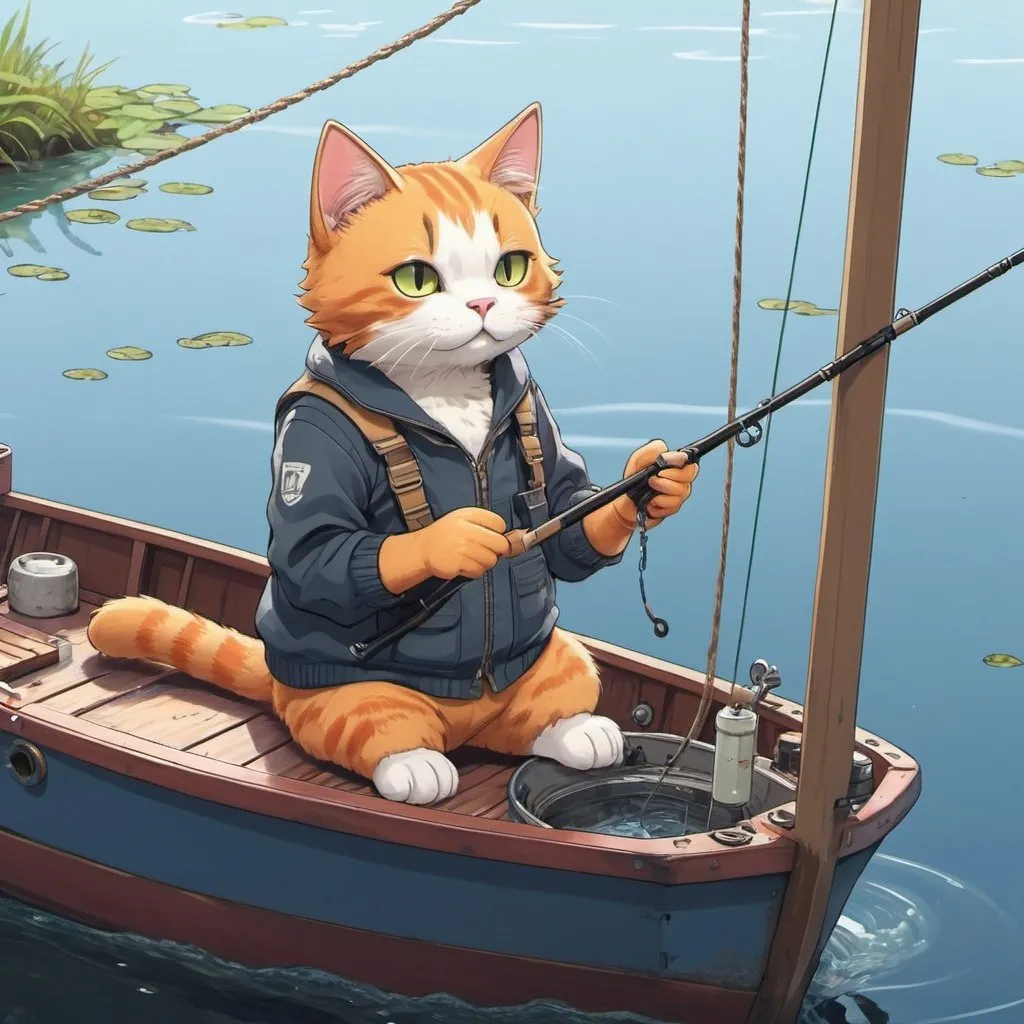 Prompt: A cat fishing on a boat, in midday, full body, anime style, 2d art, detailed, 