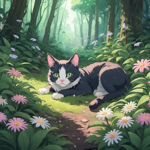 Prompt: Cat laying in lush forest, flowers on ground, 2d art, anime style, detailed.