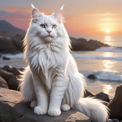 Prompt: Big white fluffy main Coon cat, with gray eyes, perfect straight fur flowing in the wind, sitting on a rock, background beach, sunset, detailed anime, 2d art