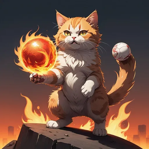 Prompt: Cat standing up, ball of fire in one paw, anime style, 2d art, detailed, background is a waste land.