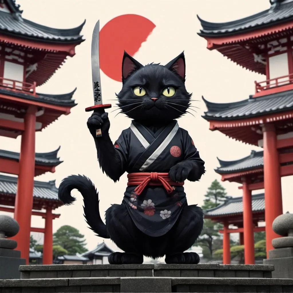 Prompt: black cat with knifes in paws standing up, background is a Japanese temple, anime style, 2d art