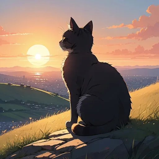 Prompt: Cat sitting on hill watching sunset, sun on edge of horizon, anime style, 2d art, detailed.