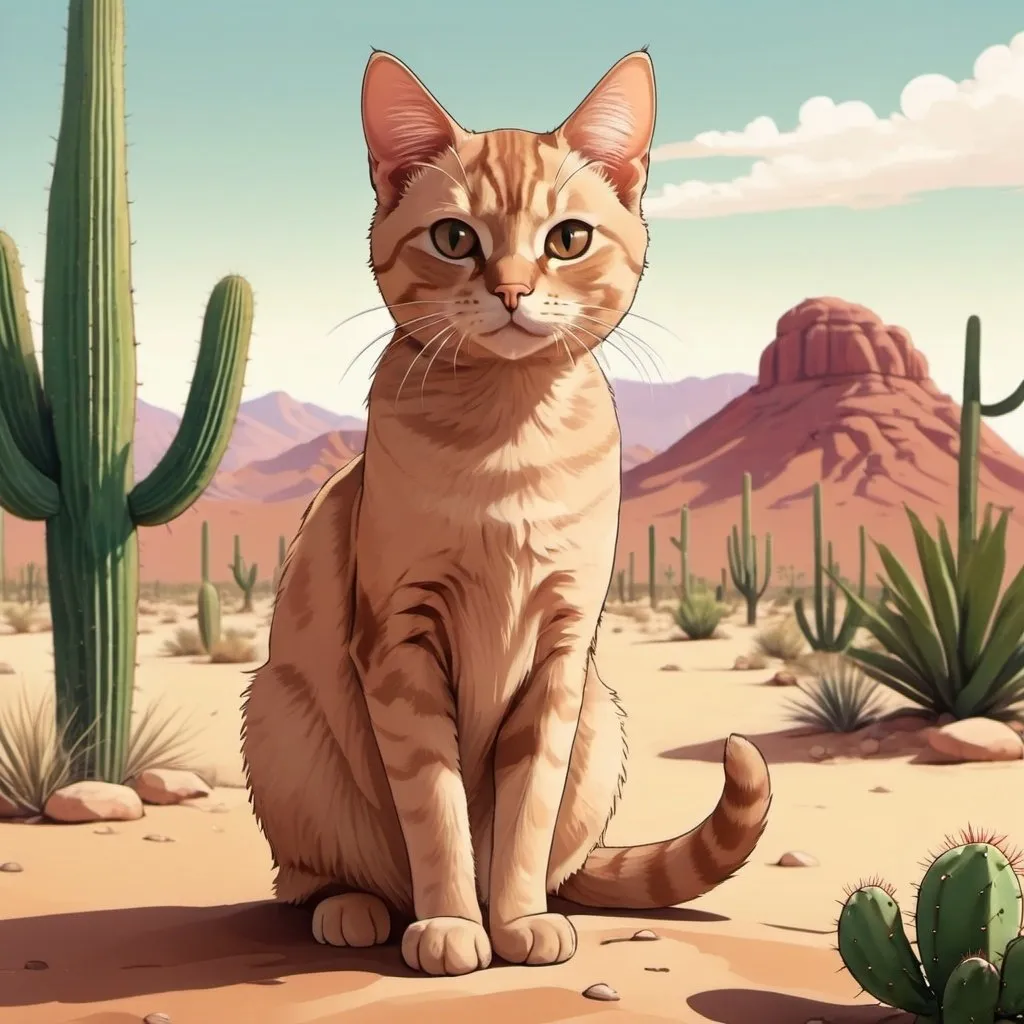 Prompt: Light brown colored cat, background desert, catus in background, anime style, 2d art.